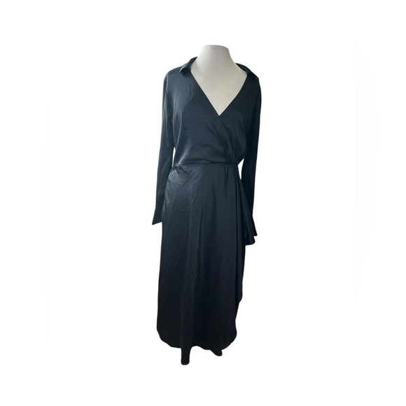 Abercrombie & Fitch Black Long-Sleeve Satin Collared Shirt Dress Size XL Midi - Picture 2 of 11